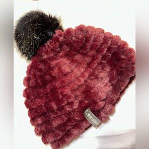 Calvin Klein Fur Hat with Pom - Burgundy and Black
